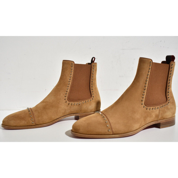 Christian Louboutin Mens Chelsea Cloo Flat Cinnamon Brown Suede Spike Boot 45 12 - Picture 10 of 12